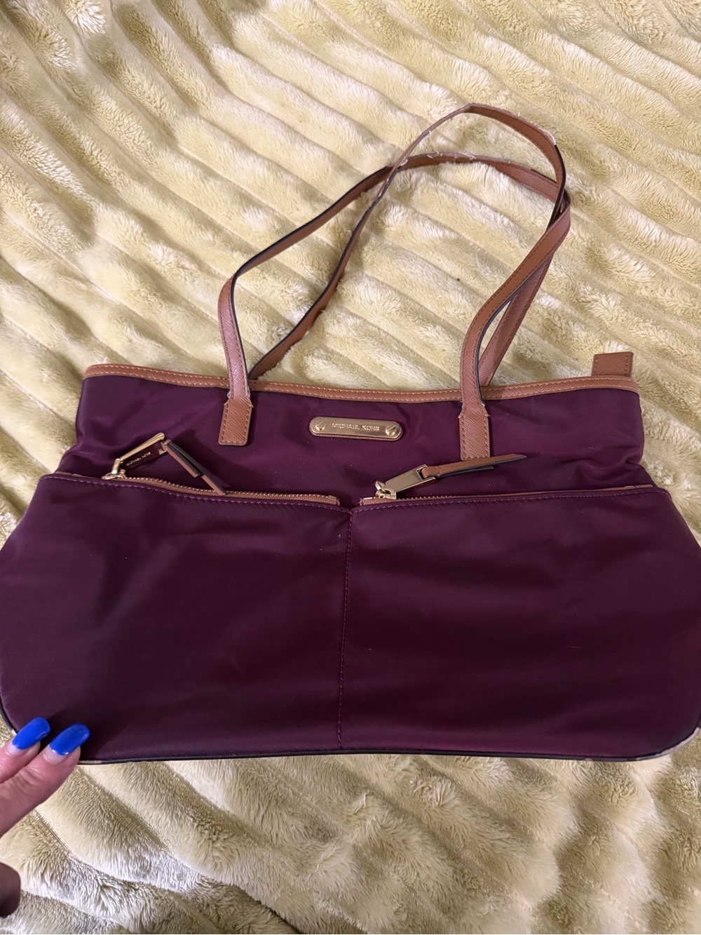 Michael Kors Plum Nylon Tote with Tan Leather Trim and Gold Hardware